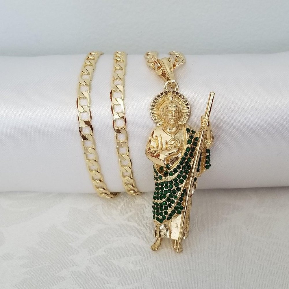 14K Gold Plated Green Rhinestones Saint Jude Men's Necklace